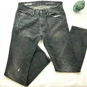Gap 1969 Authentic Fade Black Distress 100% Cotton Slim Straight Jean Size 32/34